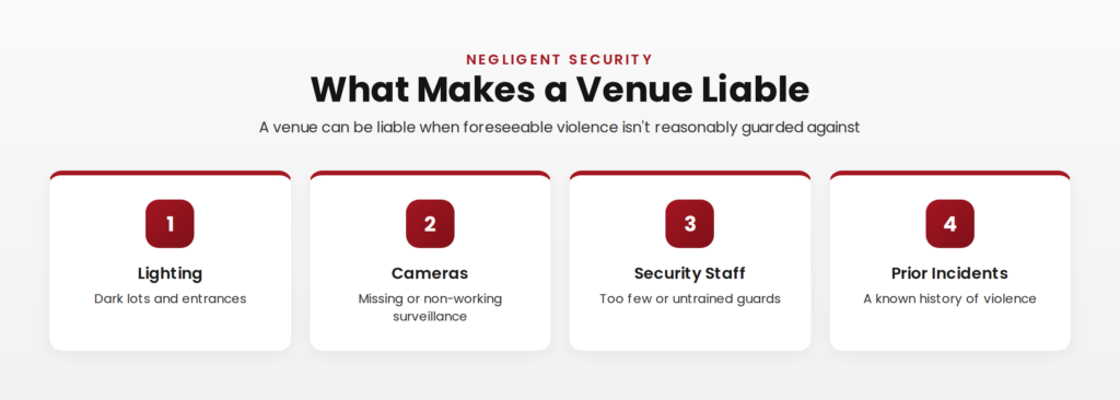 What makes a West Palm Beach venue liable for a shooting under negligent security: inadequate lighting, missing cameras, too few or untrained guards, and prior incidents. Fla. Stat. 768.0755.