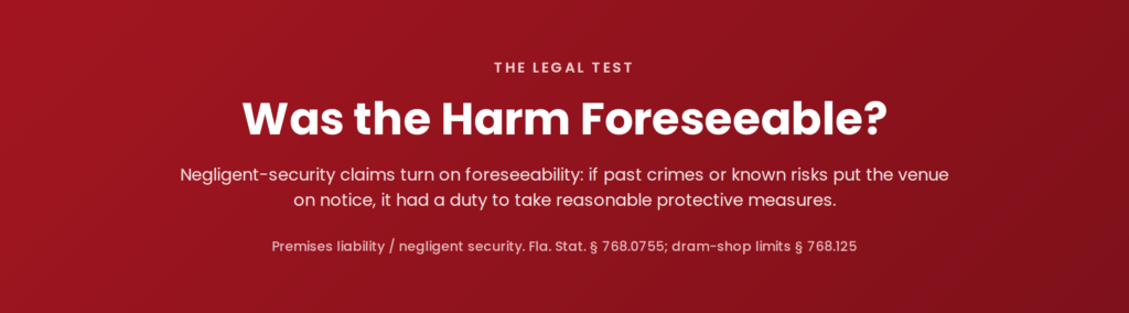 The foreseeability test for a Florida negligent-security claim: prior crimes or known risks put the venue on notice of a duty to provide reasonable security. Fla. Stat. 768.0755; dram-shop limits 768.125.