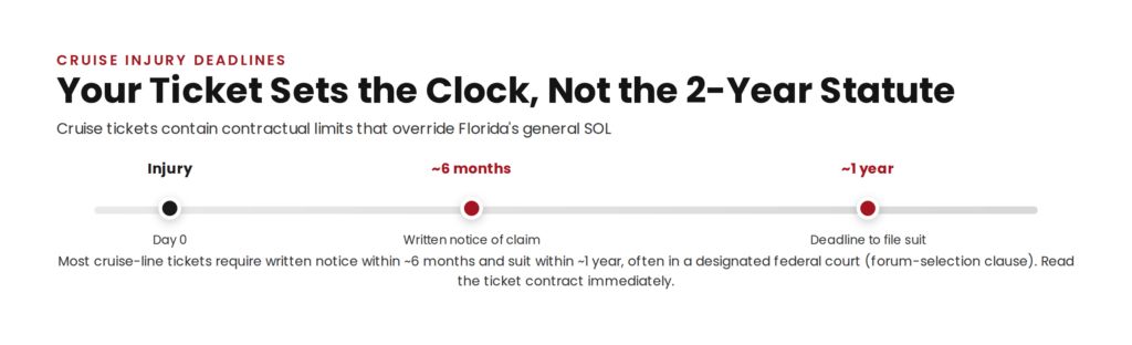 Cruise injury claim deadlines set by the ticket contract: written notice within about six months and suit within about one year, shorter than Florida's two-year statute.