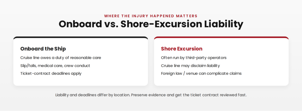 Cruise injury liability by location: onboard claims against the cruise line versus shore-excursion claims often involving third-party tour operators.