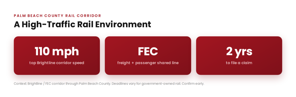 Palm Beach County rail corridor: the Brightline and FEC shared freight and passenger line and the two-year deadline to file a claim.
